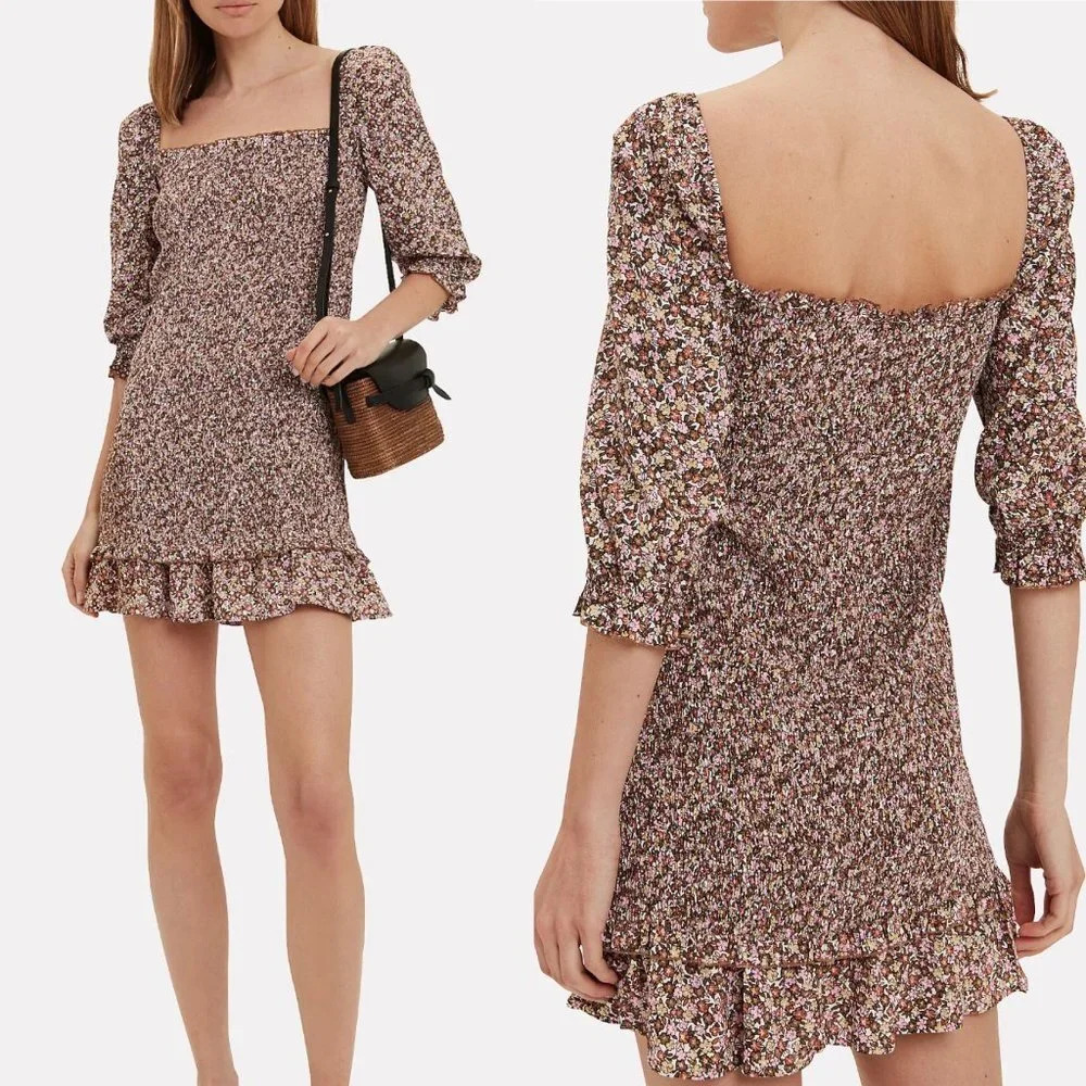 Faithfull The Brand Es‎ Saada Floral Smocked Dress Brown Pink Size 2